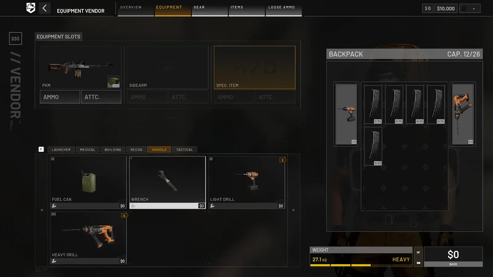 WARDOGS Equipment Vendor EQUIPMENT tab with the TOOLS filter chip selected showing FUEL CAN, WRENCH, LIGHT DRILL and HEAVY DRILL item cards in one row