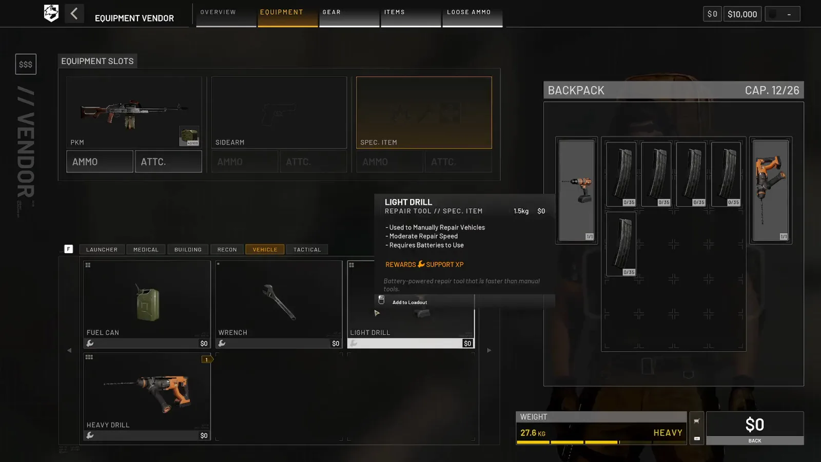 WARDOGS vendor tooltip for the LIGHT DRILL reading REPAIR TOOL SPEC ITEM, 1.5 kg, moderate repair speed, requires batteries to use, rewards Support XP