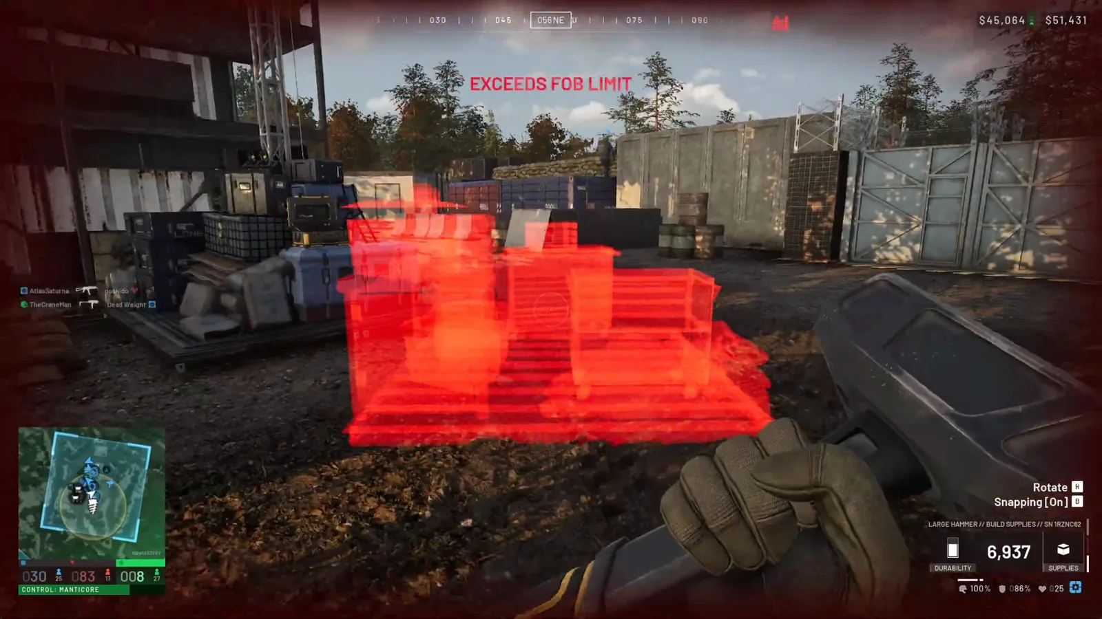 WARDOGS red placement ghost of a repair station inside a FOB with the EXCEEDS FOB LIMIT message because the base already has one
