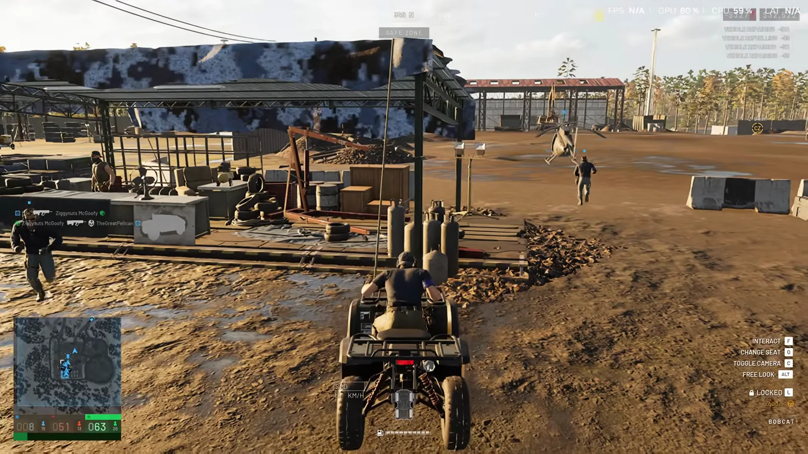 WARDOGS vehicle parked inside a friendly FOB repair radius next to stacked crates and fuel tanks with teammates walking past as it heals itself