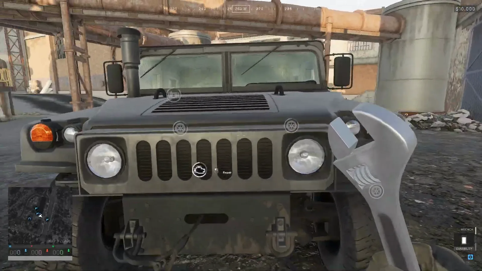WARDOGS player aiming a repair wrench at the front grille of a damaged Humvee with a Repair interaction prompt visible on the hull