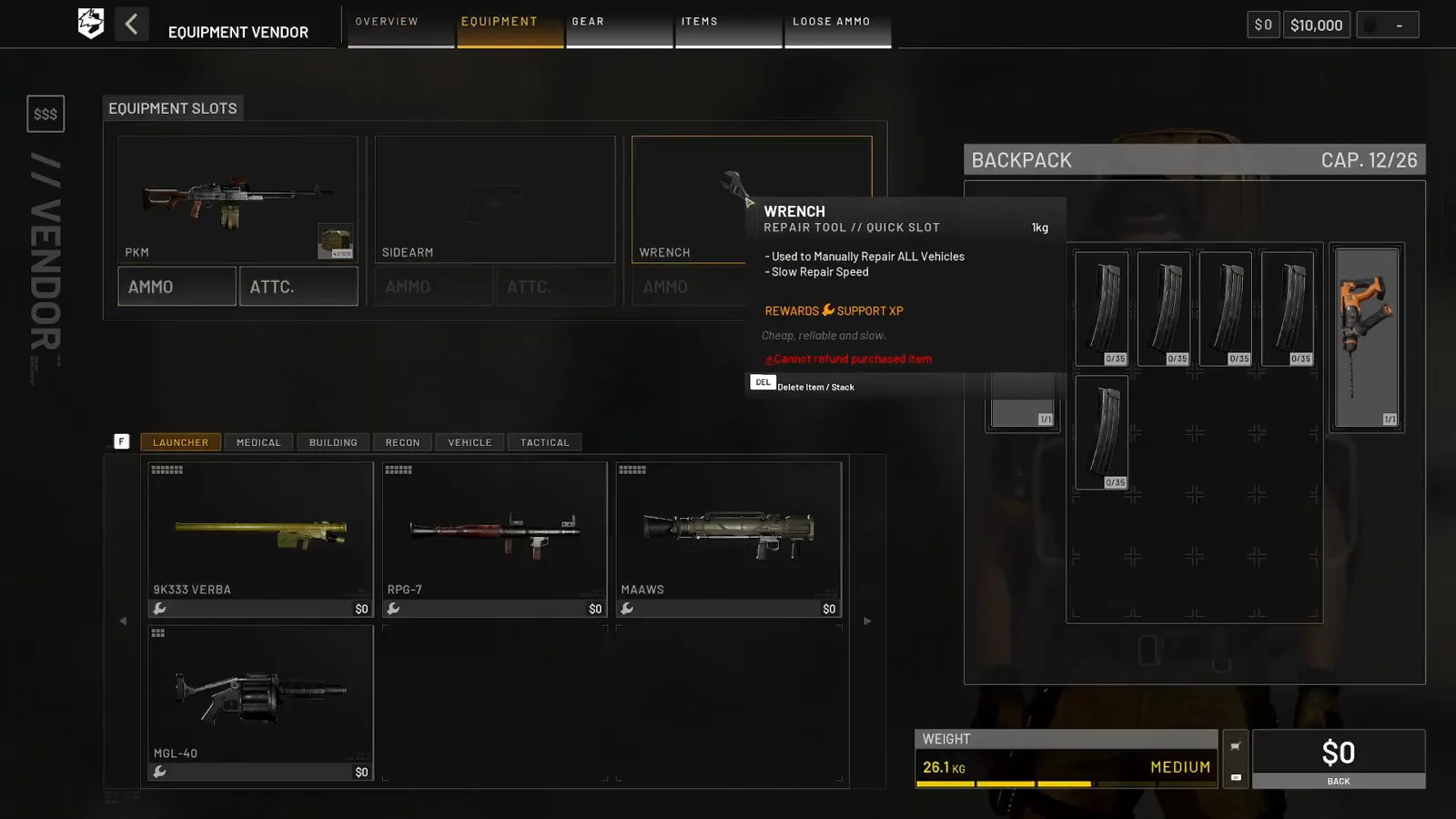 WARDOGS vendor tooltip for the WRENCH reading REPAIR TOOL QUICK SLOT, used to manually repair all vehicles, slow repair speed, rewards Support XP