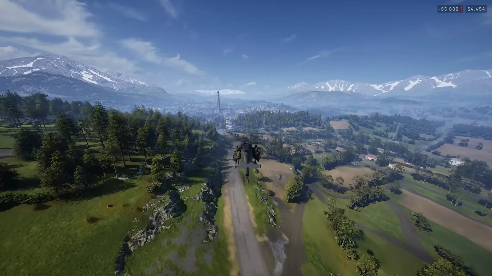 WARDOGS transport helicopter carrying a full squad low over a green valley toward a distant industrial control zone with the cash counter visible on the HUD