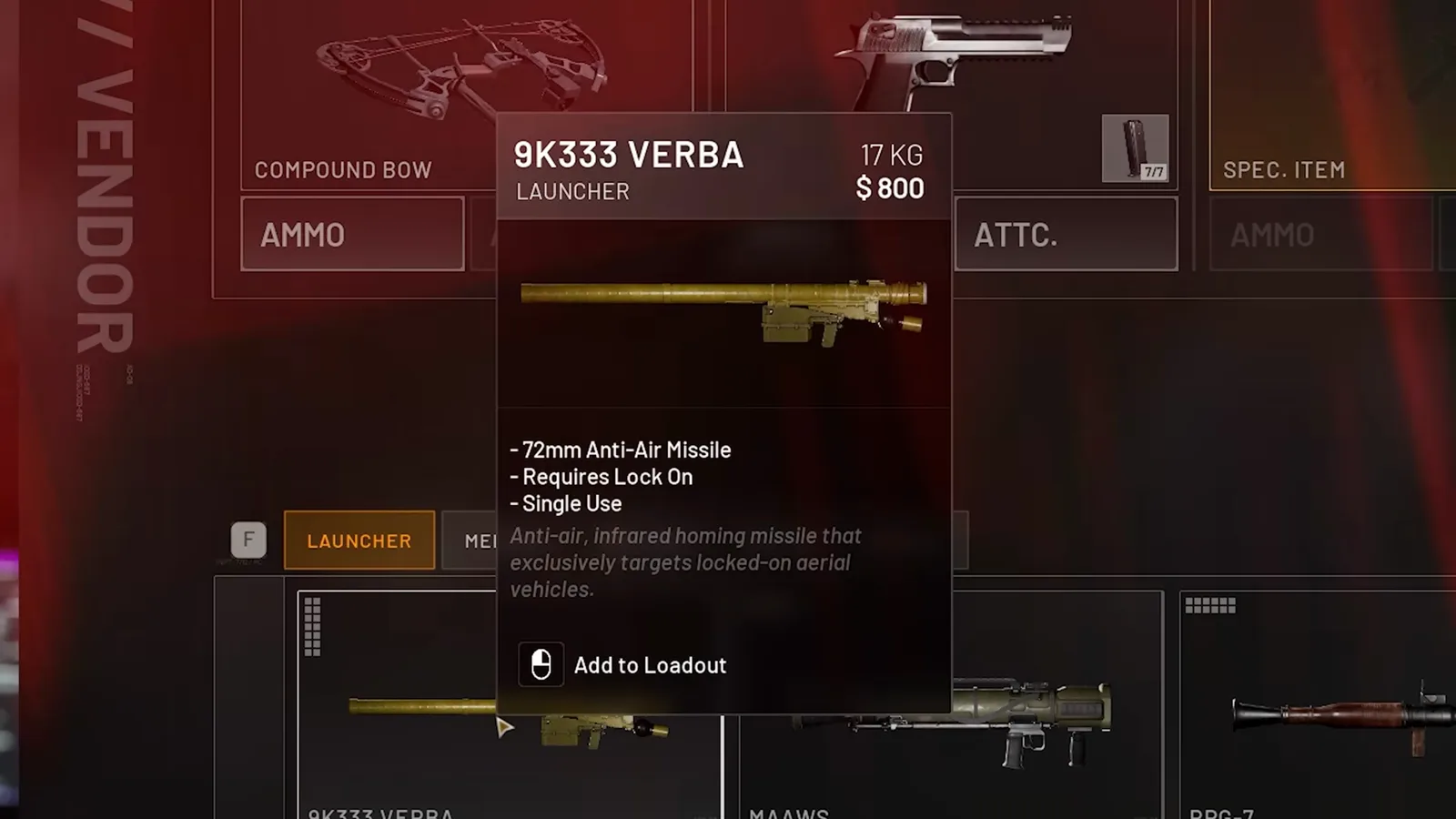 WARDOGS in-match vendor open on the launcher tab showing the 9K333 VERBA anti-air weapon priced at $800 with its weight and an Add to Loadout prompt