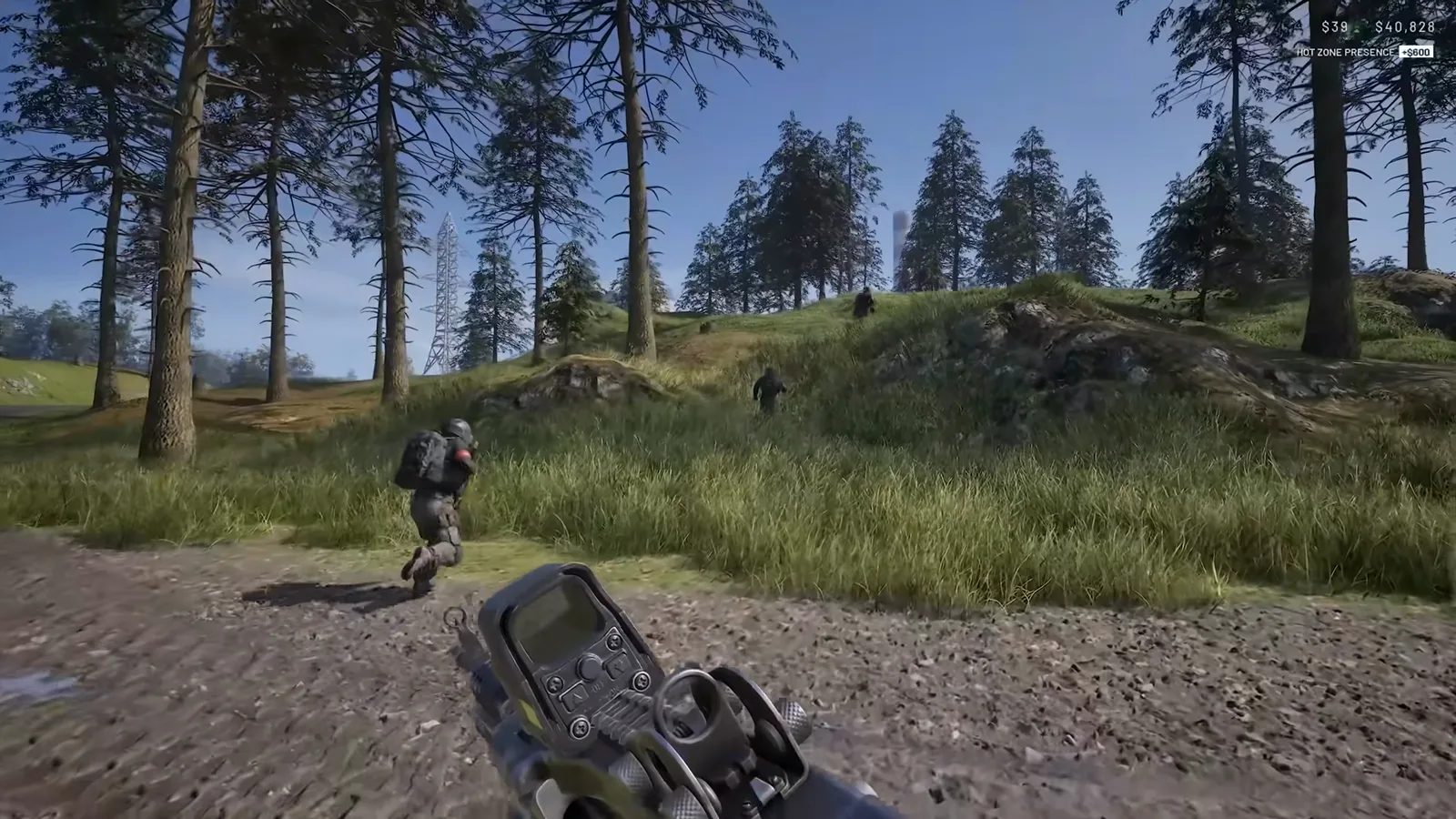 WARDOGS first-person view behind a holographic sight as teammates sprint up a pine-covered hill toward the objective with a Hot Zone Presence cash bonus on the HUD