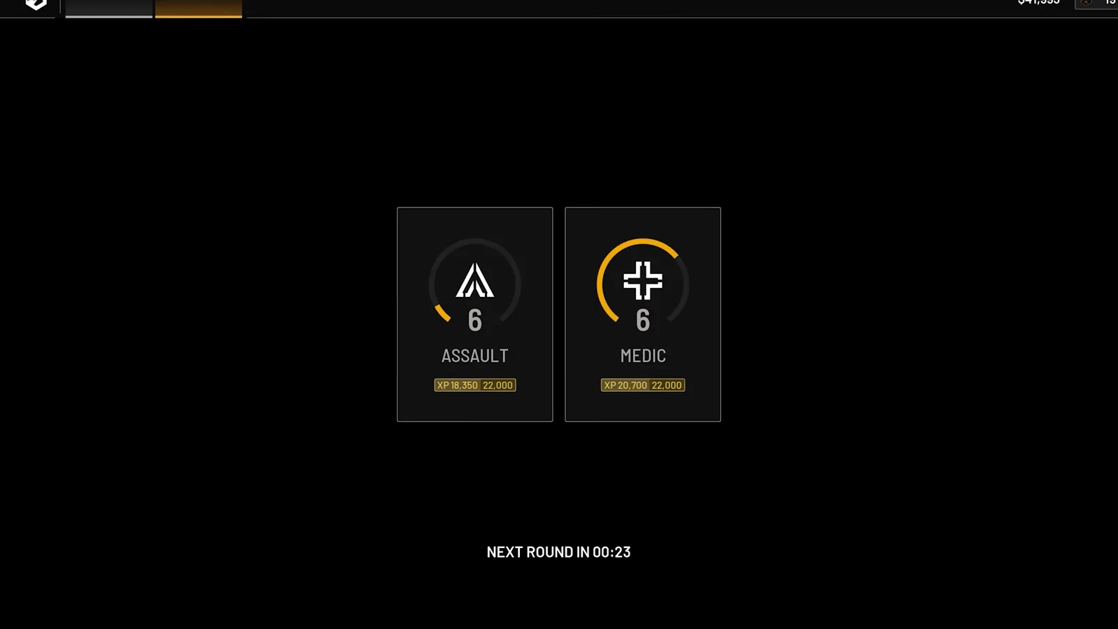 WARDOGS loadout screen showing Assault and Medic role cards each at tier six with their own XP progress toward the next unlock and a next-round timer
