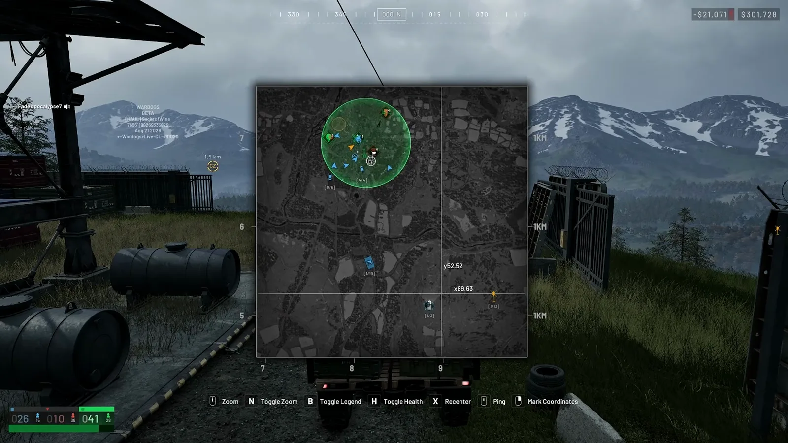 WARDOGS tactical map showing a green contested-zone circle with grid coordinates and the zoom, legend and ping toolbar along the bottom