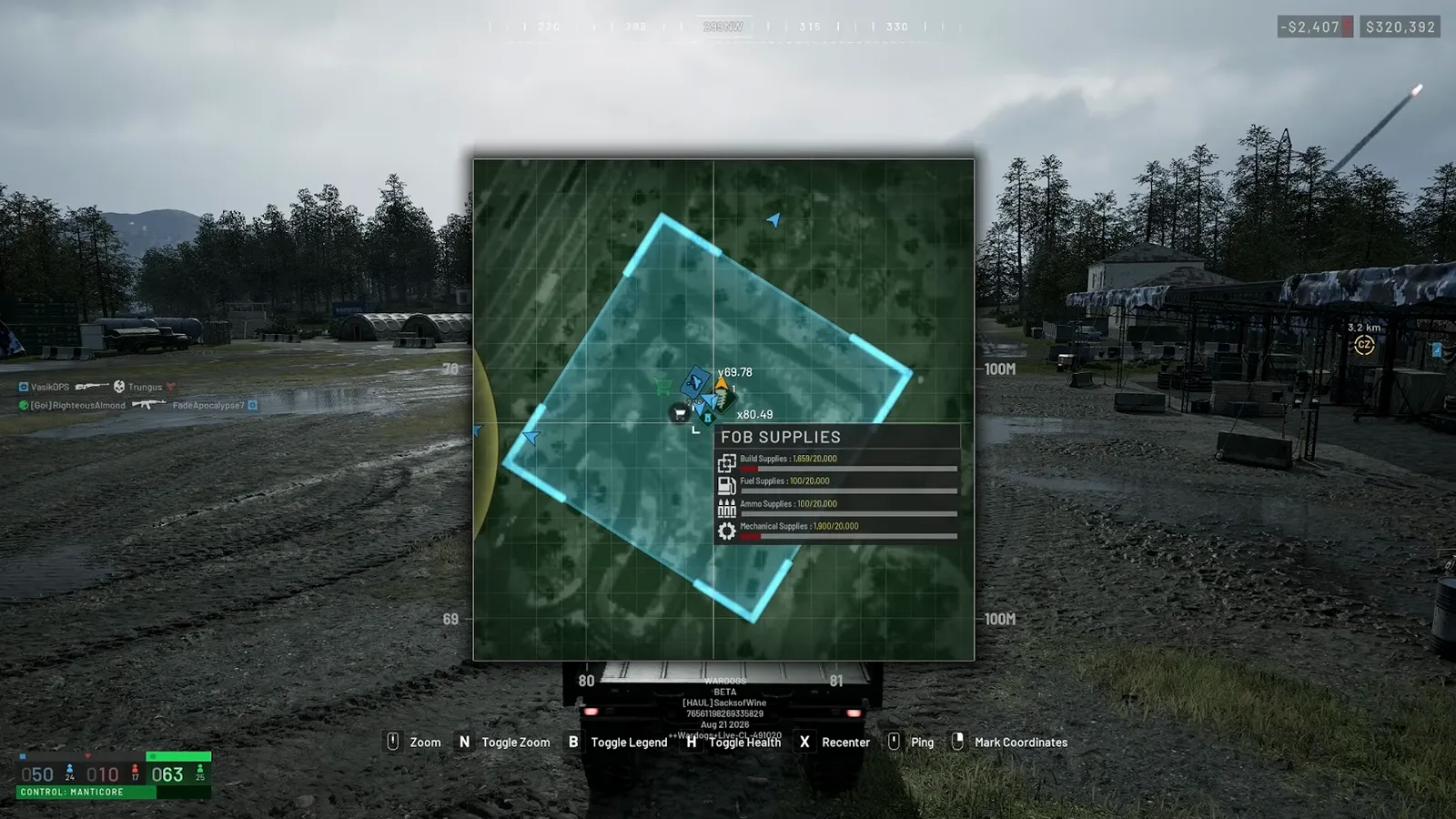 WARDOGS map with a FOB Supplies panel open showing build, fuel, ammo and mechanical counters against a twenty thousand cap