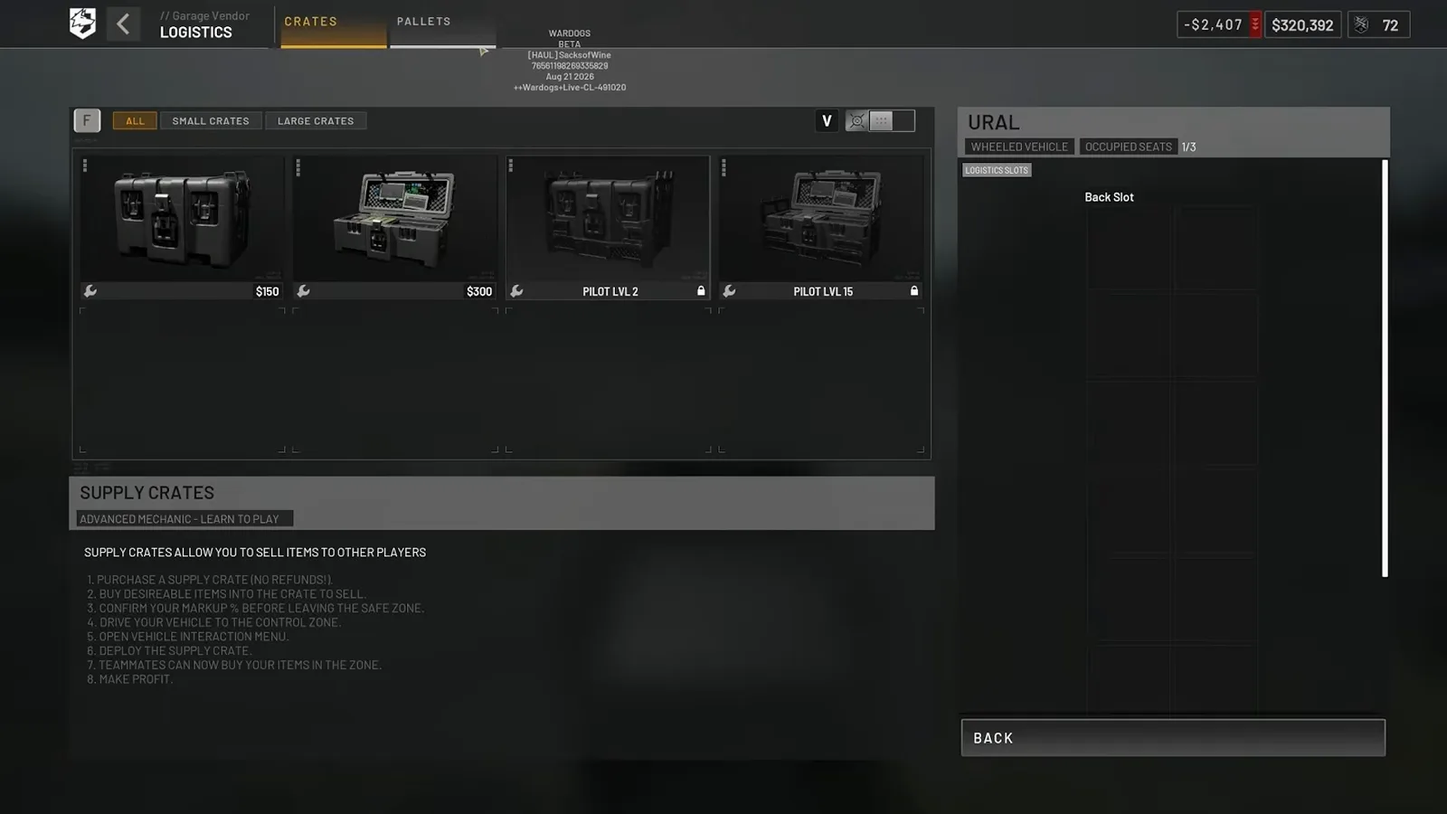 WARDOGS logistics Crates tab listing small and large supply crates with prices and armoured crate variants gated behind pilot levels