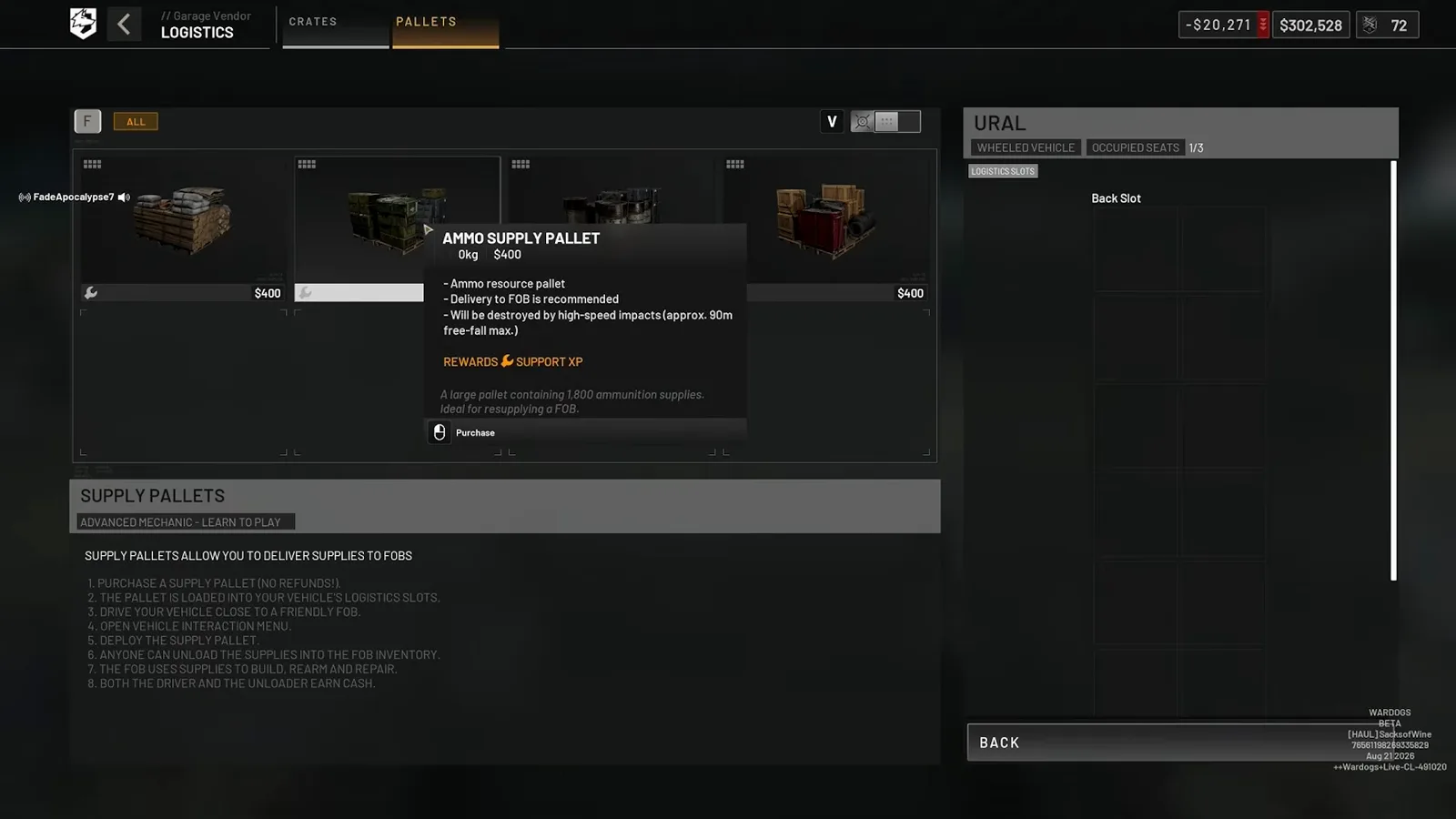 WARDOGS logistics Pallets tab with an Ammo Supply Pallet card priced at $400 and a description of support XP rewards