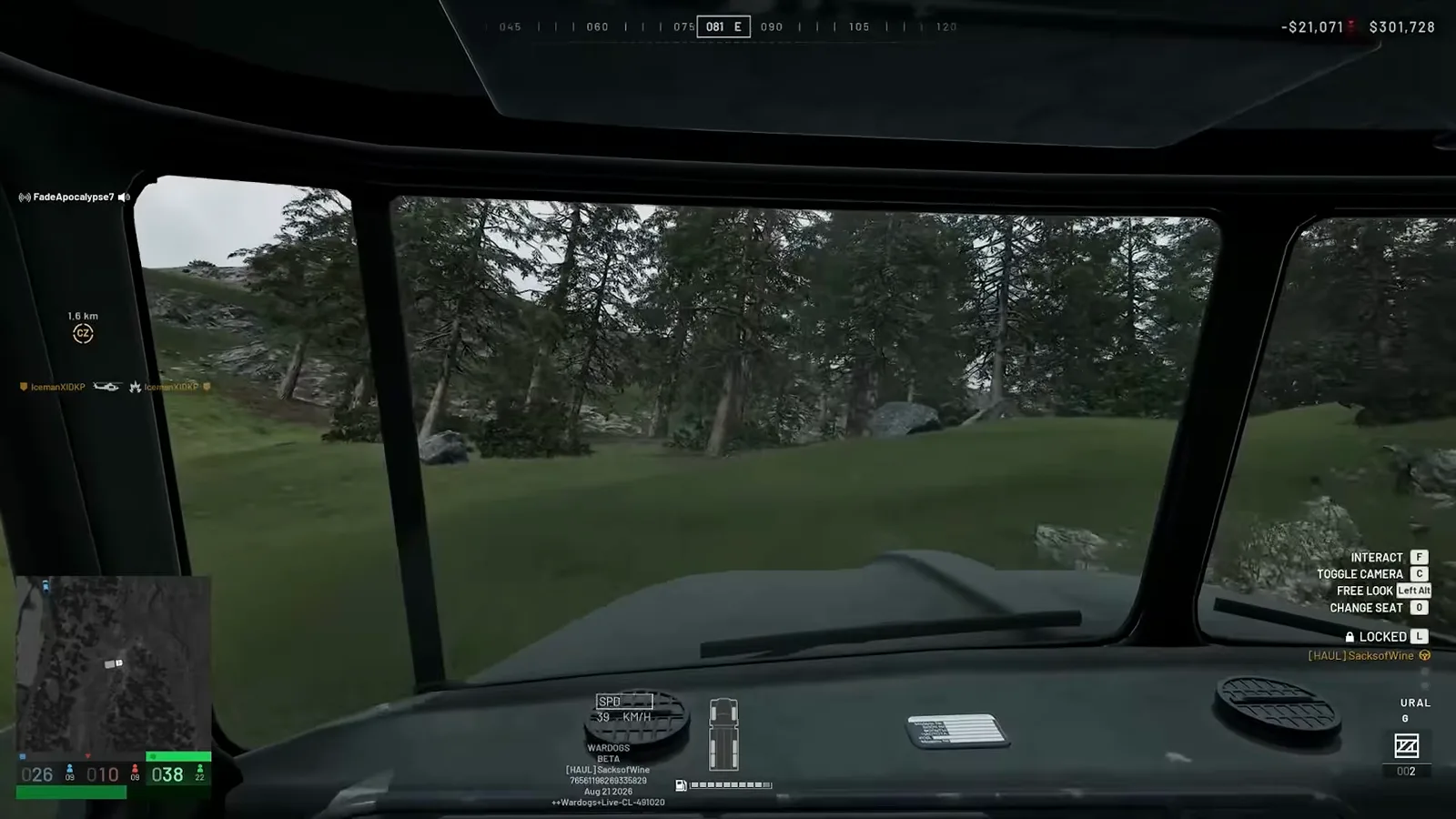 WARDOGS first-person Ural cab driving view with a speed readout of 39 km/h and the vehicle keybind list including toggle camera C