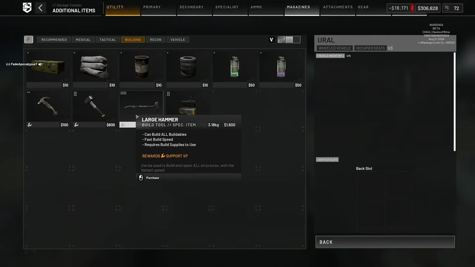 WARDOGS Ural logistics screen split between empty logistics slots and a vehicle inventory panel holding a large hammer under an Additional Items header