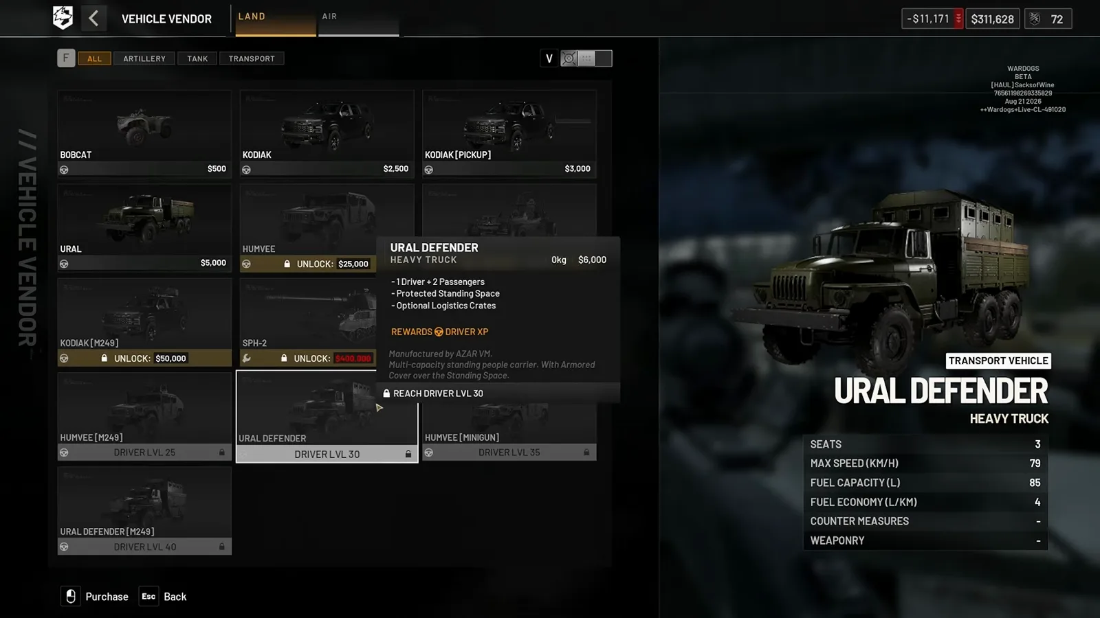 WARDOGS vehicle vendor list showing Bobcat, Kodiak, Ural and Humvee prices with the Ural Defender tooltip open describing optional logistics crates