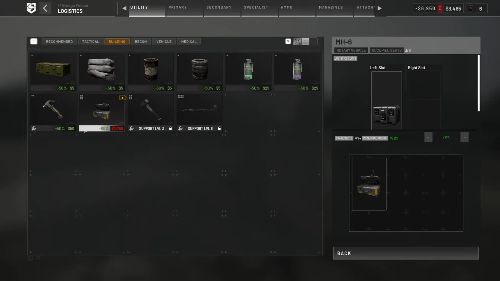 WARDOGS 车库商人 LOGISTICS 页 BUILDING 筛选，含带价补给与工具卡、SUPPORT LVL 3 与 SUPPORT LVL 8 两个锁、右侧航空器货舱面板与潜在收益读数