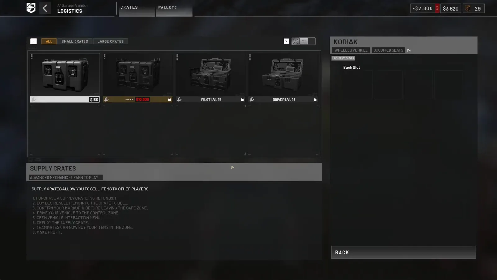 WARDOGS 载具商人 LOGISTICS 页 CRATES 子页，四张补给箱卡片——$150 小箱、UNLOCK $10,000 档、PILOT 15 级档与 DRIVER 16 级锁——下方 SUPPLY CRATES 说明写明板条箱可向其他玩家出售物品