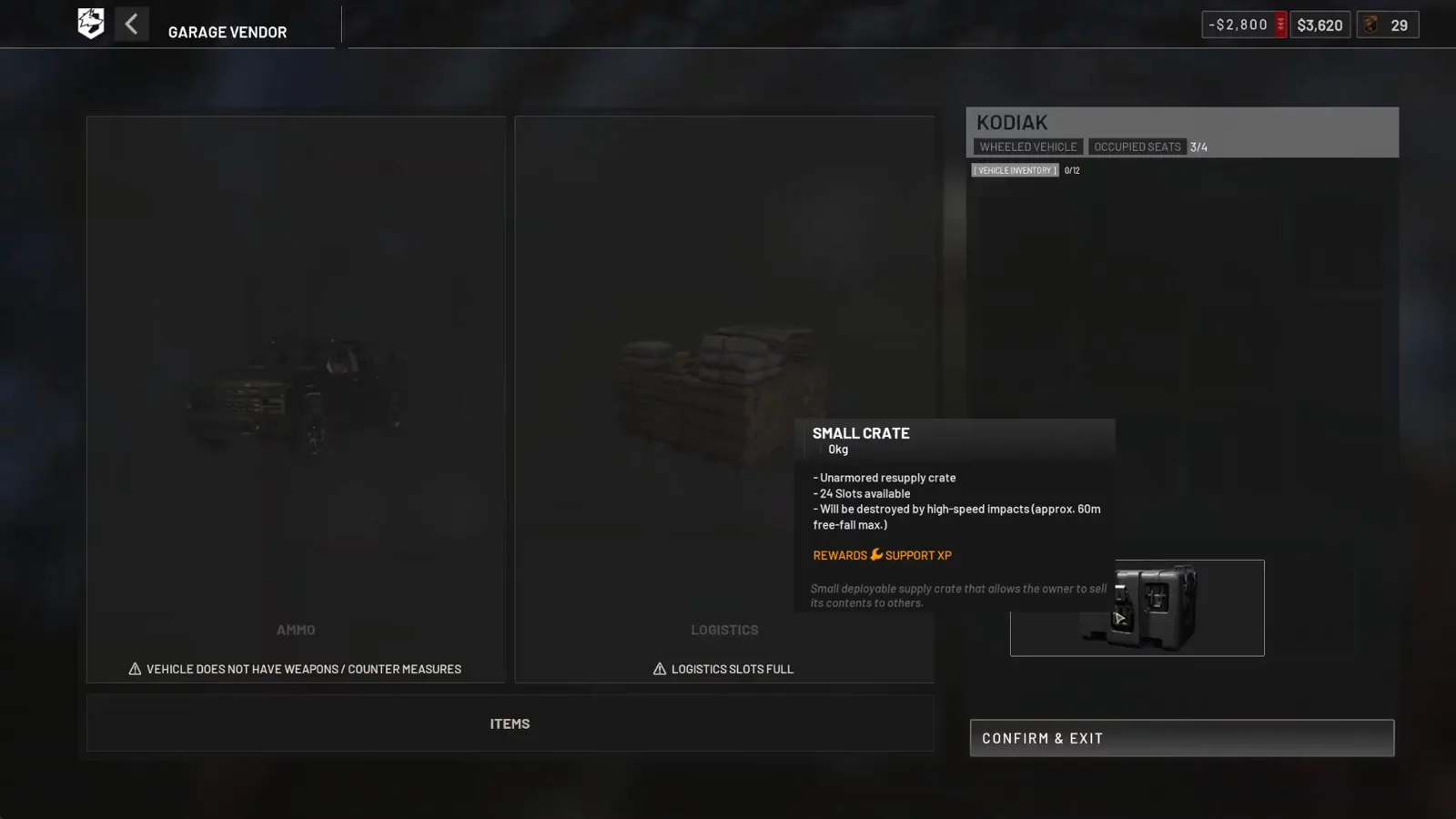 WARDOGS Kodiak 车库商人货物界面的 SMALL CRATE tooltip：无装甲补给箱、24 格可用、约 60 米高速撞击即损毁、奖励 Support XP，并写明该箱允许箱主向他人出售箱内物品