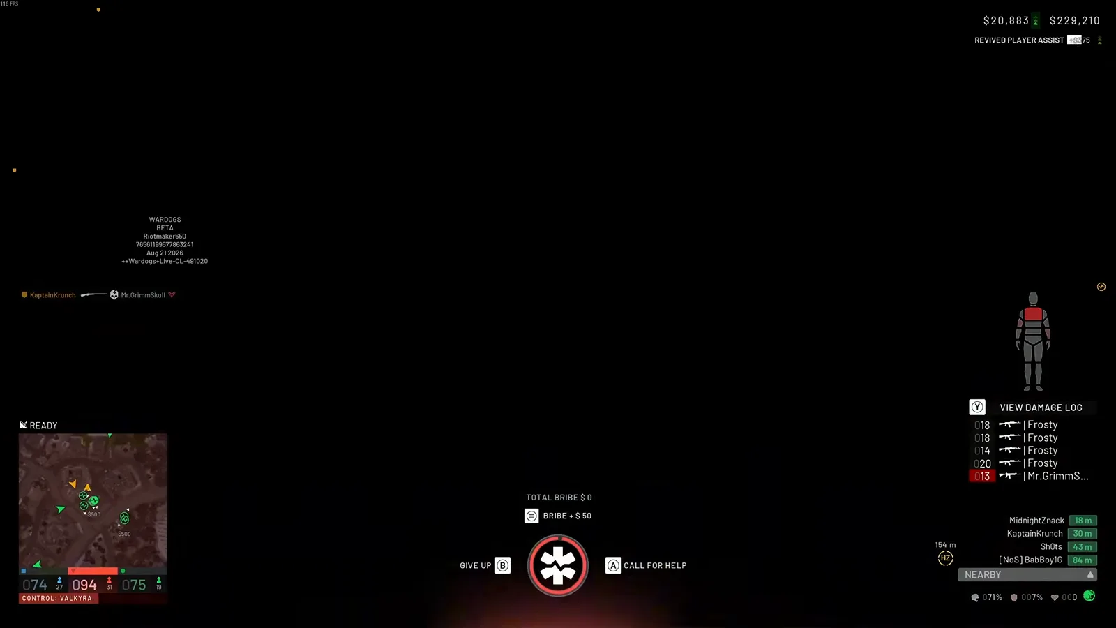 WARDOGS downed-player screen with a red torso damage diagram, VIEW DAMAGE LOG and CALL FOR HELP prompts, a GIVE UP option, a BRIBE +$50 button and a NEARBY teammates distance list