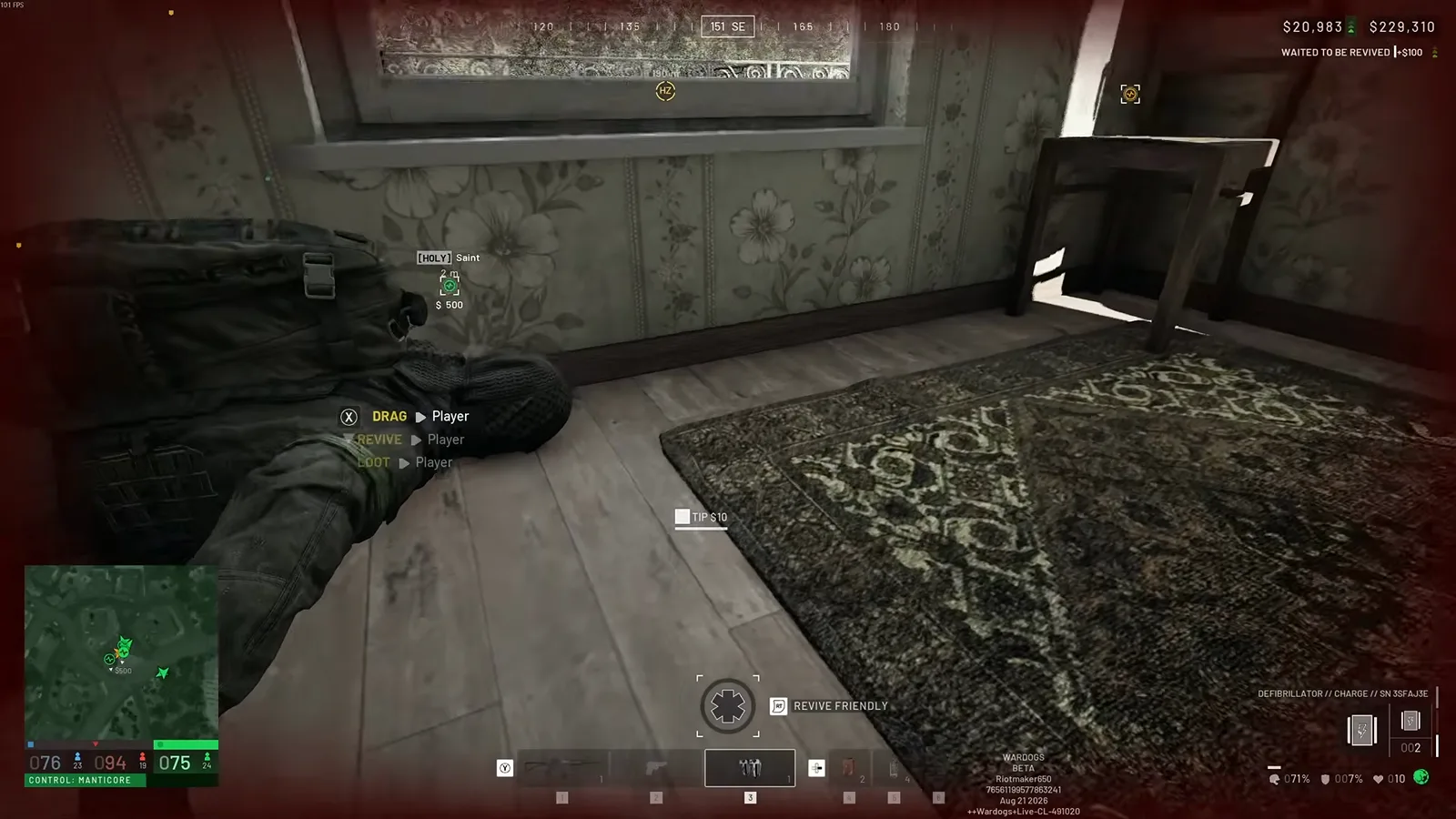 WARDOGS interaction menu over a downed teammate showing DRAG, REVIVE and LOOT options with a $500 marker and a TIP $10 prompt on the floor
