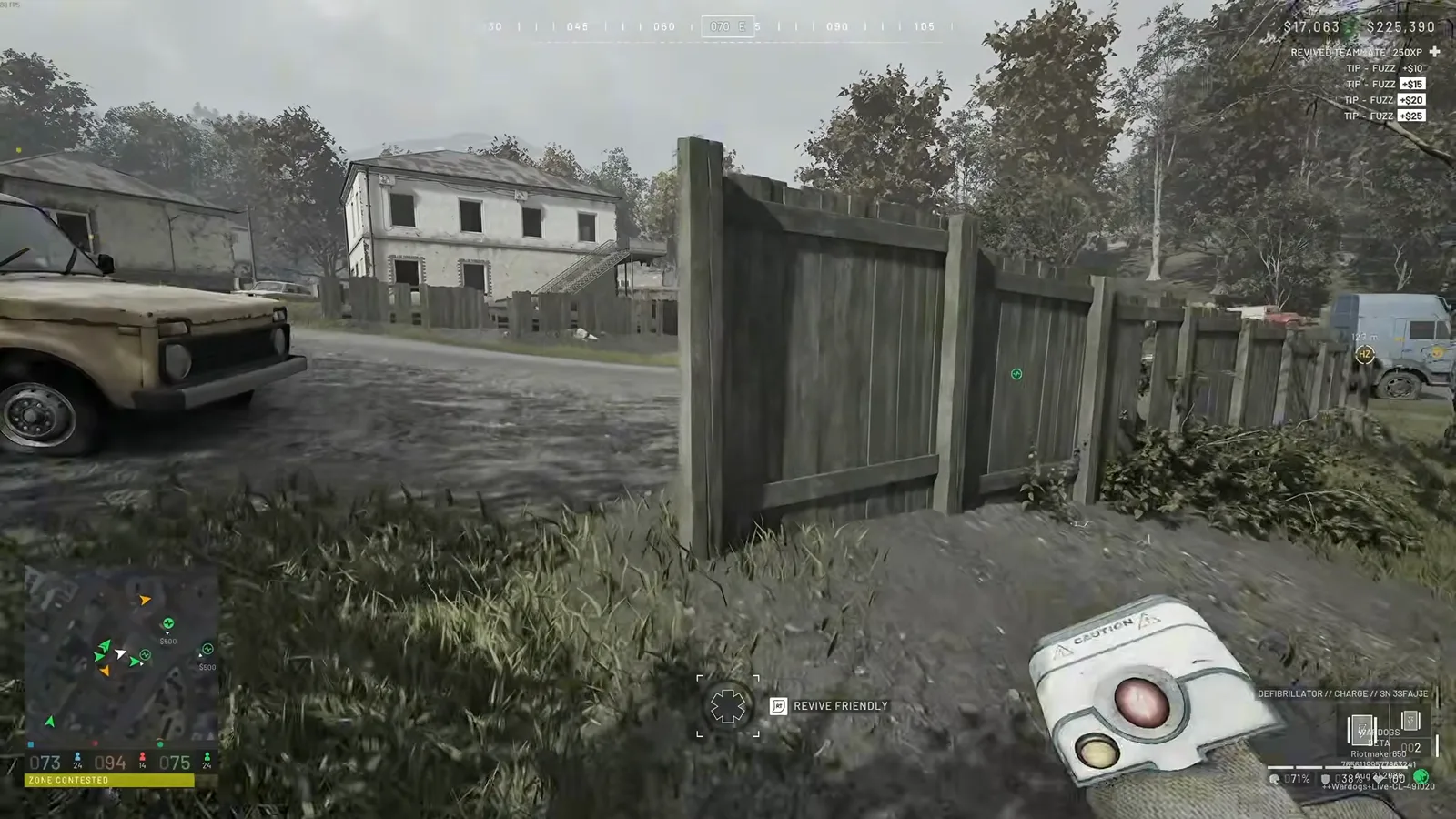 WARDOGS defibrillator in hand beside a REVIVED TEAMMATE 250XP banner and a stack of FUZZ revive tips reading +$10 through +$25 during a contested zone