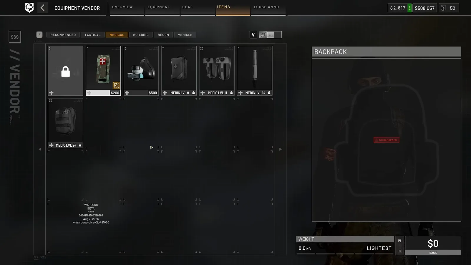 WARDOGS Equipment Vendor on the Medical tab showing resuscitation and bandage items with prices and an empty backpack grid