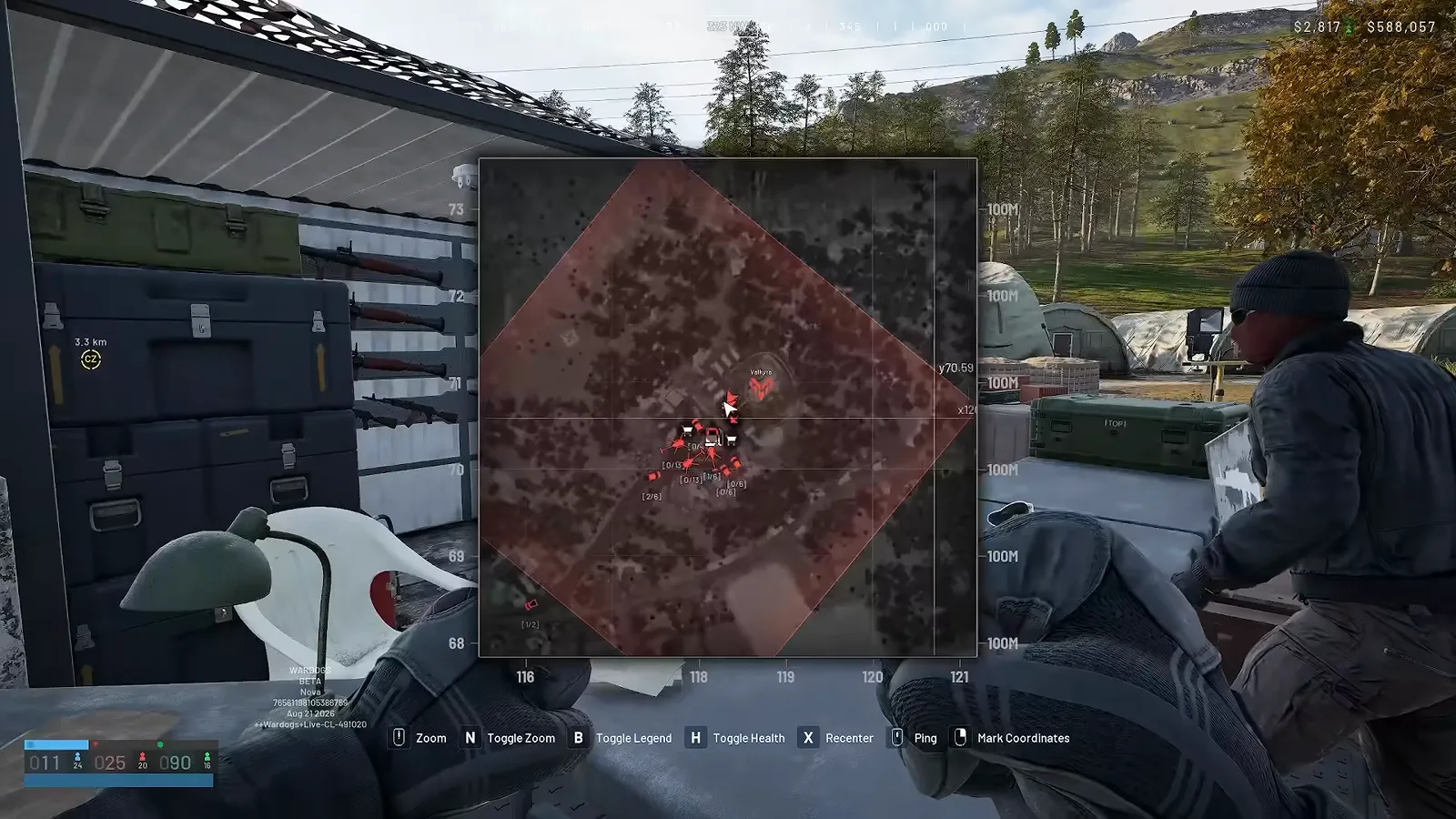 WARDOGS tactical map showing a red contested hot zone with clustered enemy markers held by a crouching player at a depot