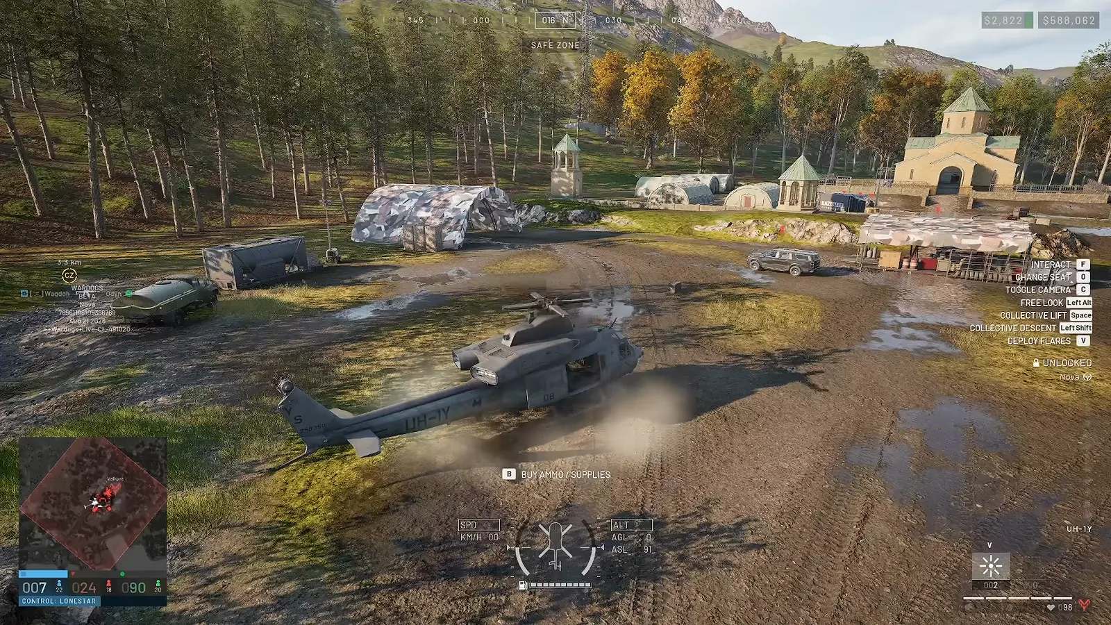 WARDOGS Huey landed at a supply depot with a 20x AMMO SUPPLIES pickup prompt and a large cash balance on the HUD