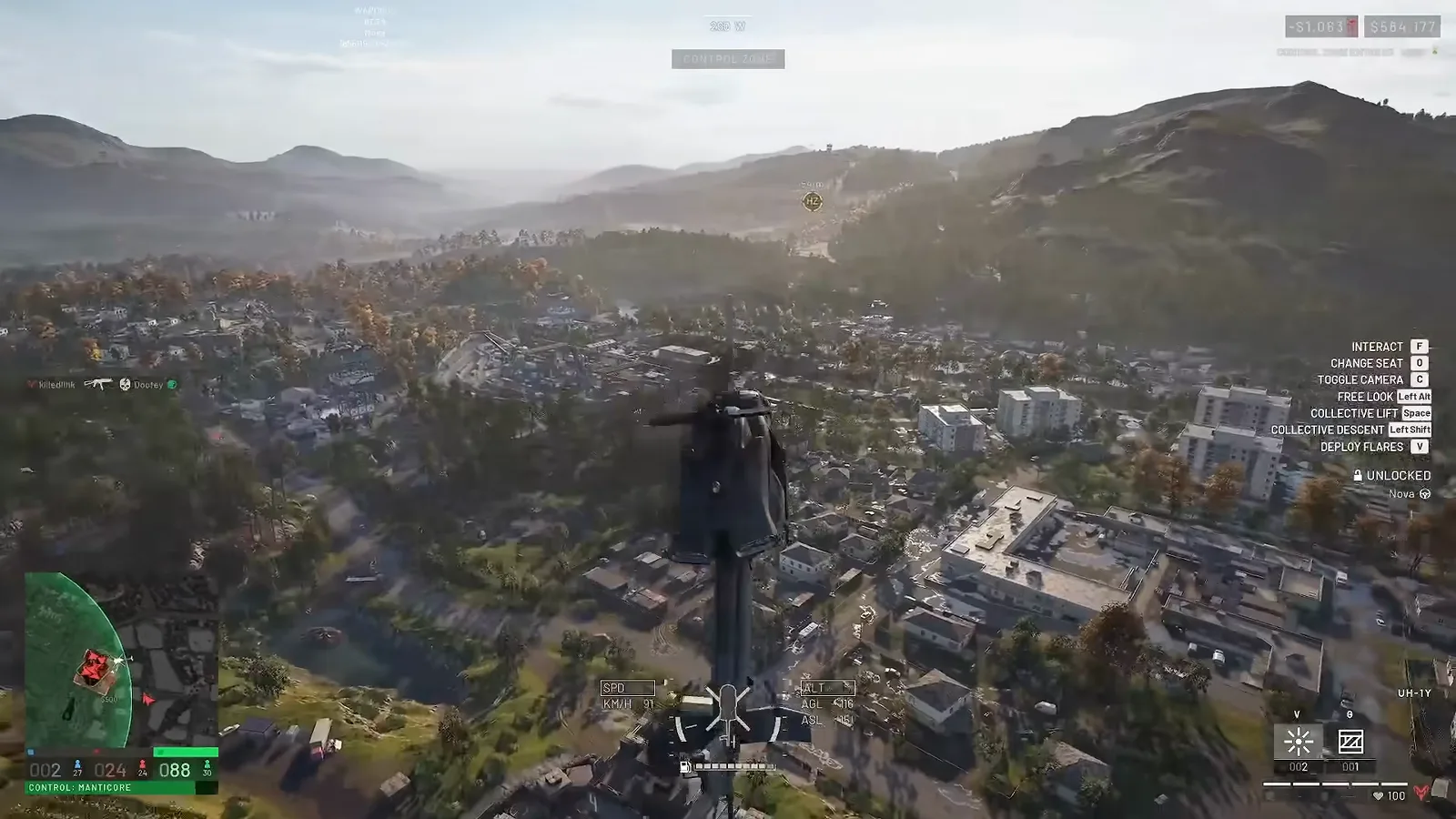 WARDOGS light helicopter flying a full cabin of passengers low over a valley town toward the contested hot zone