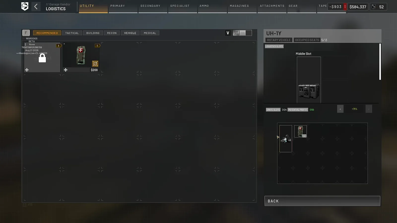 WARDOGS Logistics menu on the Pallets tab showing a supply pallet and the UH-1Y helicopter cargo slot