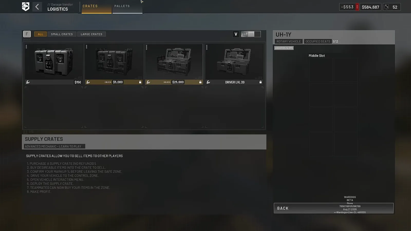 WARDOGS Logistics Crates tab listing small and large supply crates with prices and the note that crates let you sell items to other players