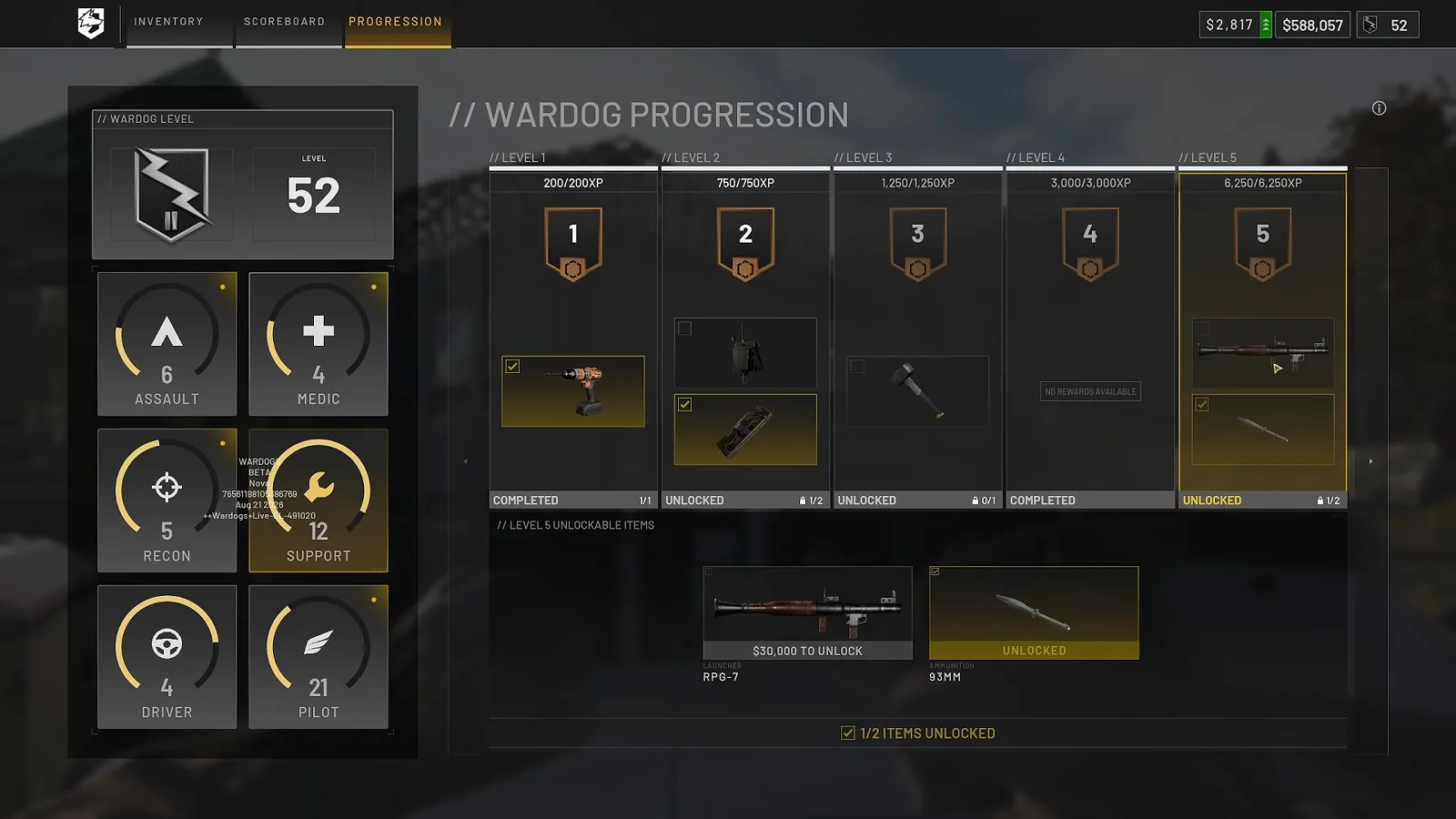 WARDOGS Wardog Progression screen showing Pilot level 21 and Support level 12 skill trees alongside rank 52 rewards