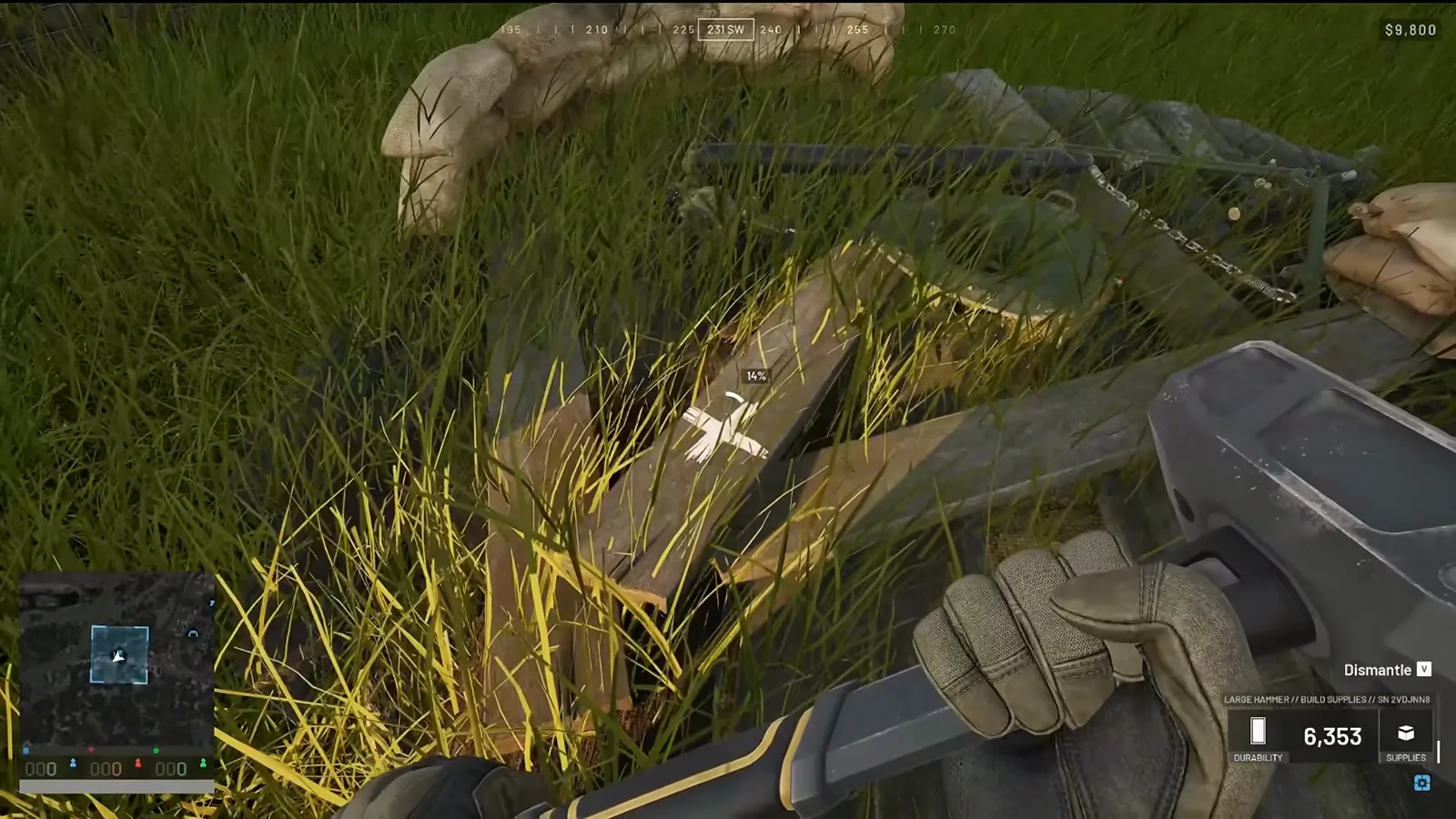 WARDOGS player building an L81 mortar with a level 3 hammer while a glowing yellow X build prompt hovers over the baseplate in the grass