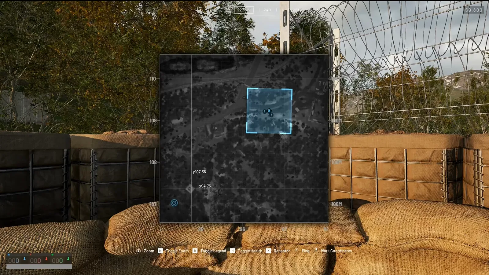 WARDOGS chat console and map overlay used to calculate mortar target distance from grid coordinates above a sandbag and razor wire perimeter