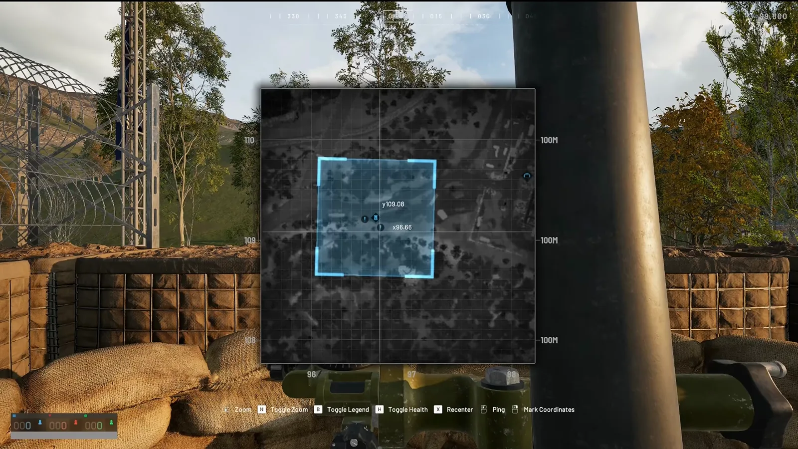 WARDOGS map tool held over a mortar pit showing a blue pinged target square, grid coordinates, and the Ping and Mark Coordinates toolbar
