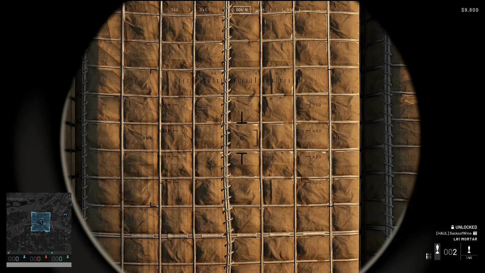Zoomed L81 mortar eyepiece in WARDOGS showing a mil-dot reticle on a Hesco wall with the range readout and UNLOCKED weapon label