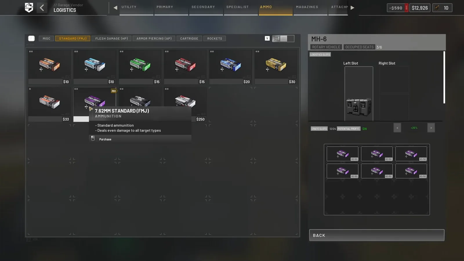 WARDOGS 物流 AMMO 页显示 7.62x39 FMJ 弹药 tooltip 与已装载的舱门货位格