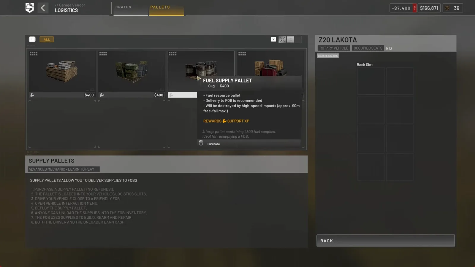 WARDOGS Z20 Lakota 的 LOGISTICS PALLETS 子页燃料托盘 tooltip：$400、一大托盘含 1,800 点燃料补给、建议投送至 FOB、约 90 米高速撞击即损毁、奖励 Support XP