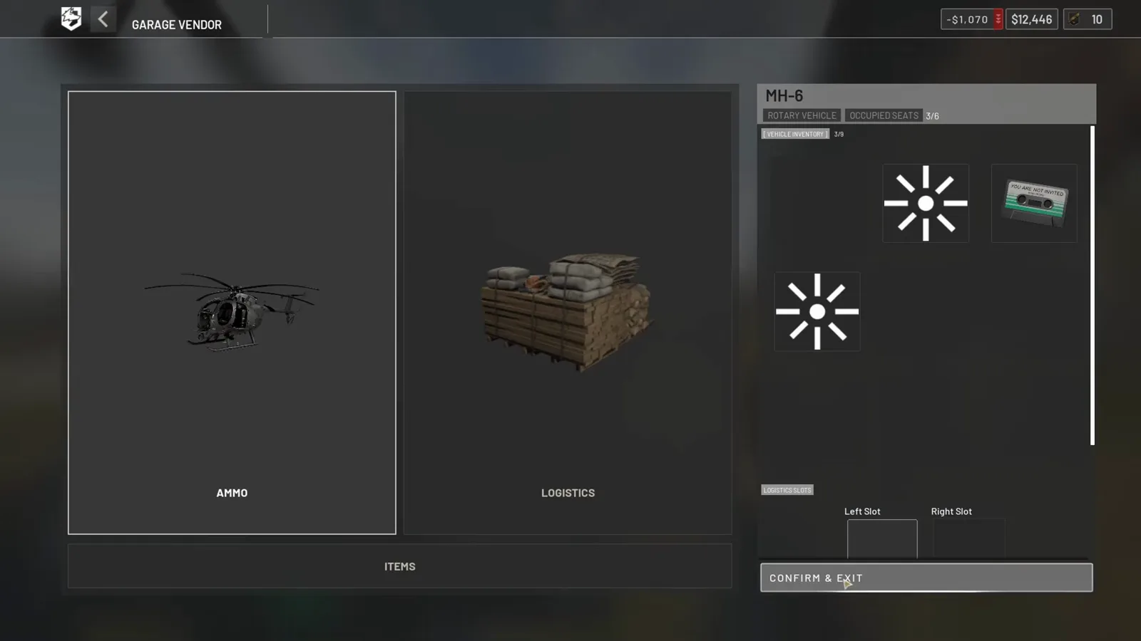 WARDOGS 轻型直升机车库商人界面，AMMO 与 LOGISTICS 两个货舱面板与机身轮廓并列