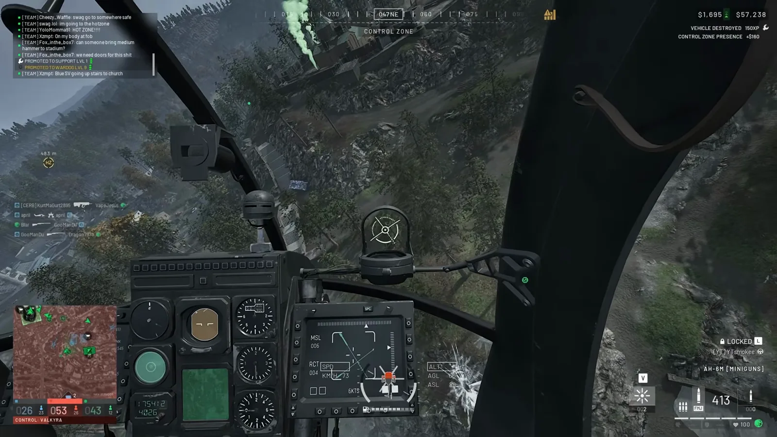 WARDOGS 武装直升机 HUD 在冒烟工业区与绿色信号烟上空显示 VEHICLE DESTROYED 150 XP 与 CONTROL ZONE PRESENCE 加一百六十美元