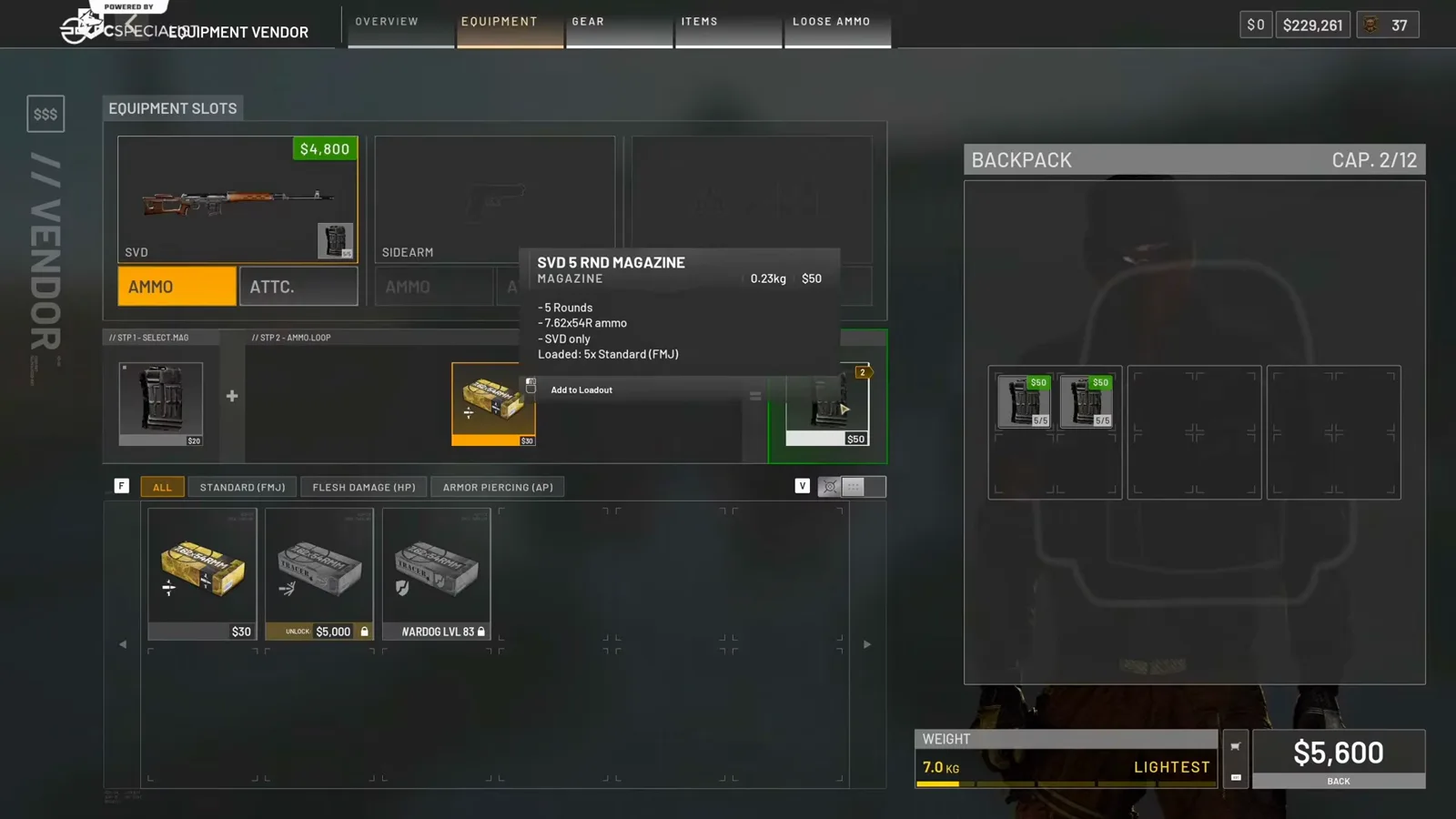 Level 12 WARDOGS Recon loadout showing the SVD sniper rifle with variable LPVO scope and laser rangefinder tool