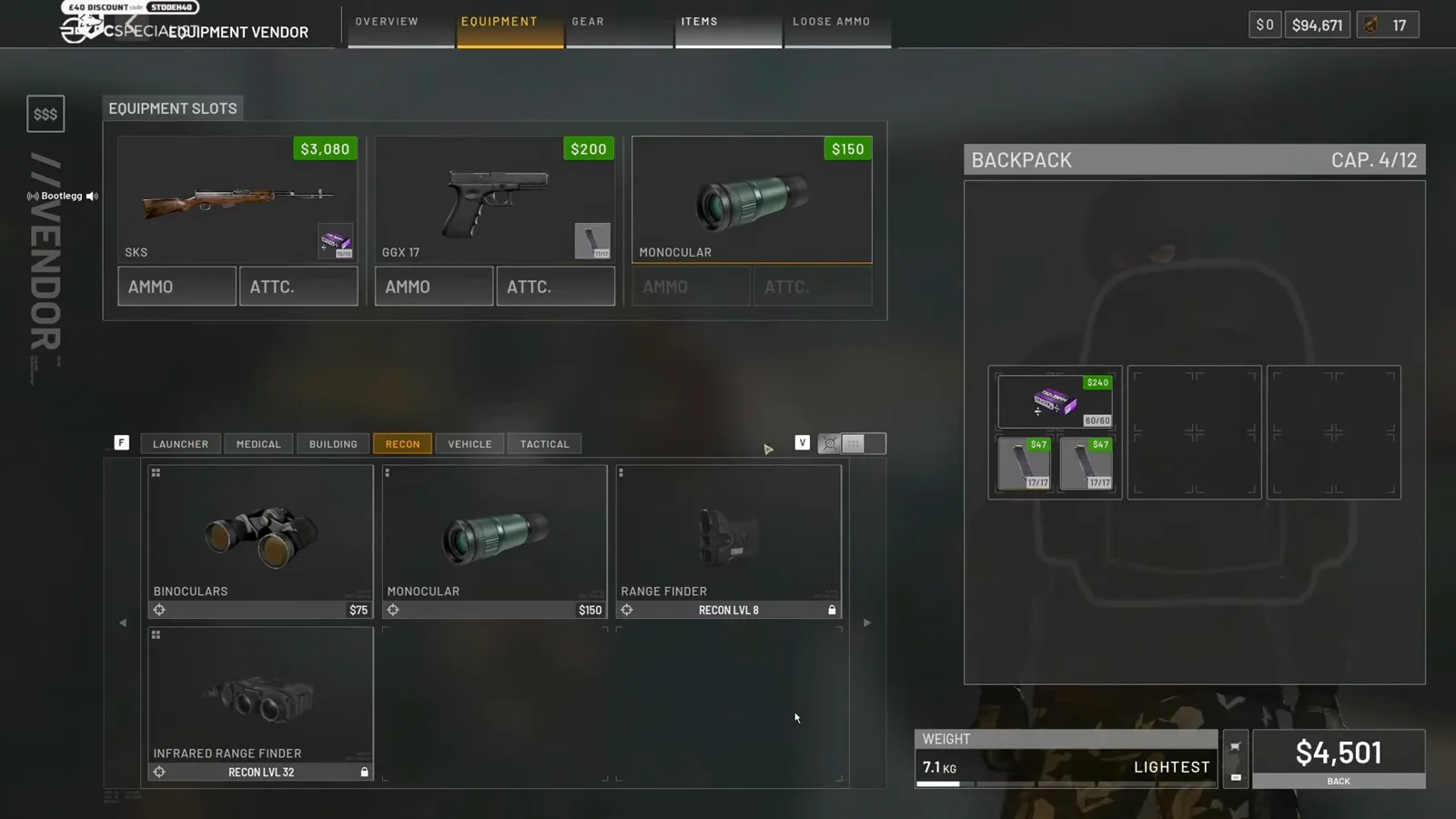 Level 5 Recon inventory setup in WARDOGS featuring the SKS rifle, monocular spotting scope, and field resuscitator