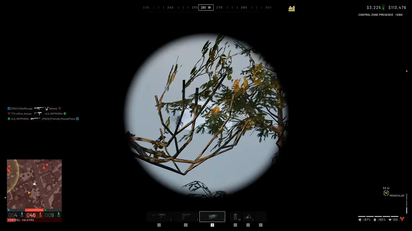 Recon player spotting an enemy forward operating base spawn vehicle through binoculars earning an instant $1,000 cash payout in WARDOGS