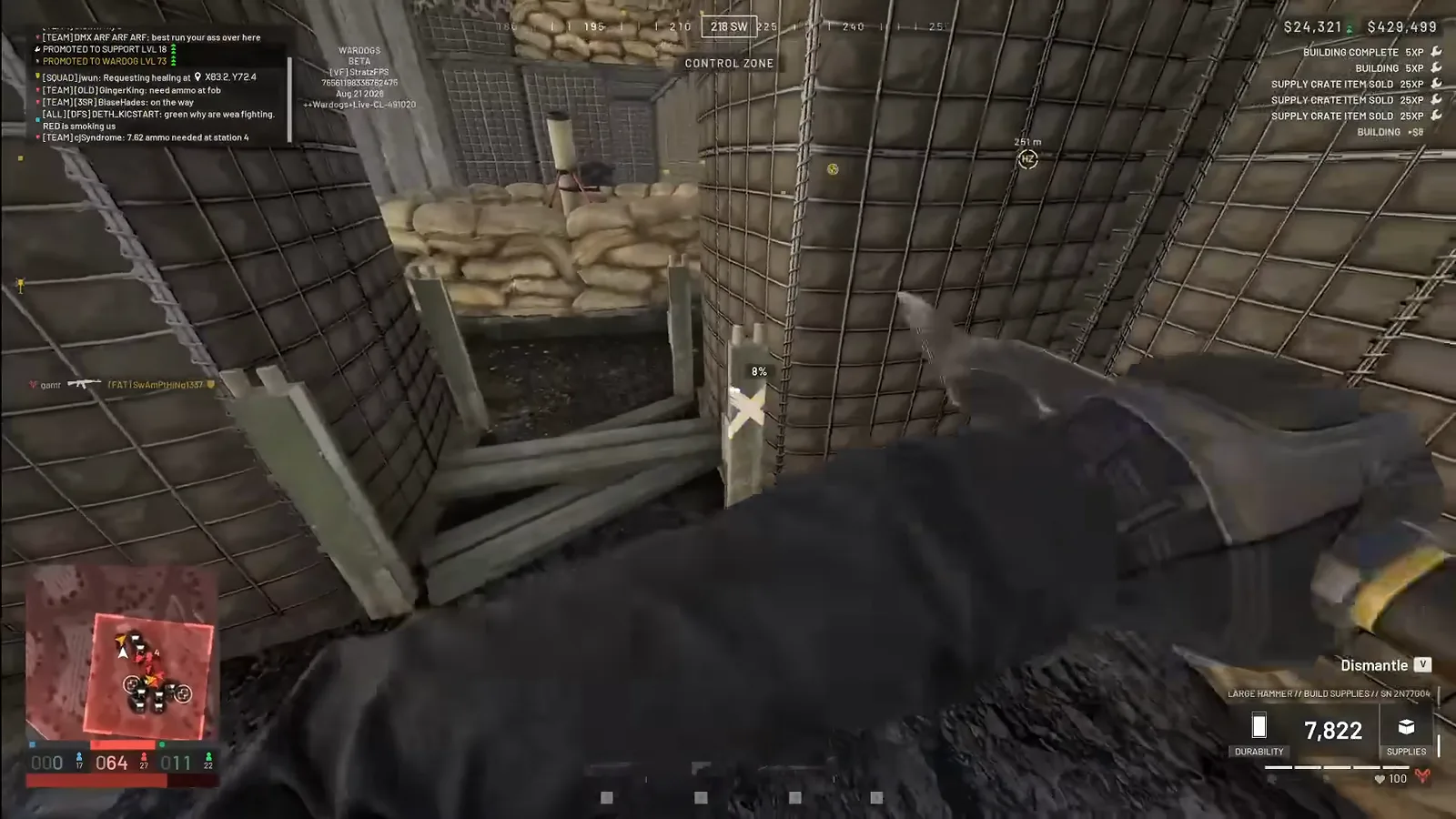 WARDOGS large hammer build prompt reading BUILD SUPPLIES at eight percent progress with white X hit markers still on the build object