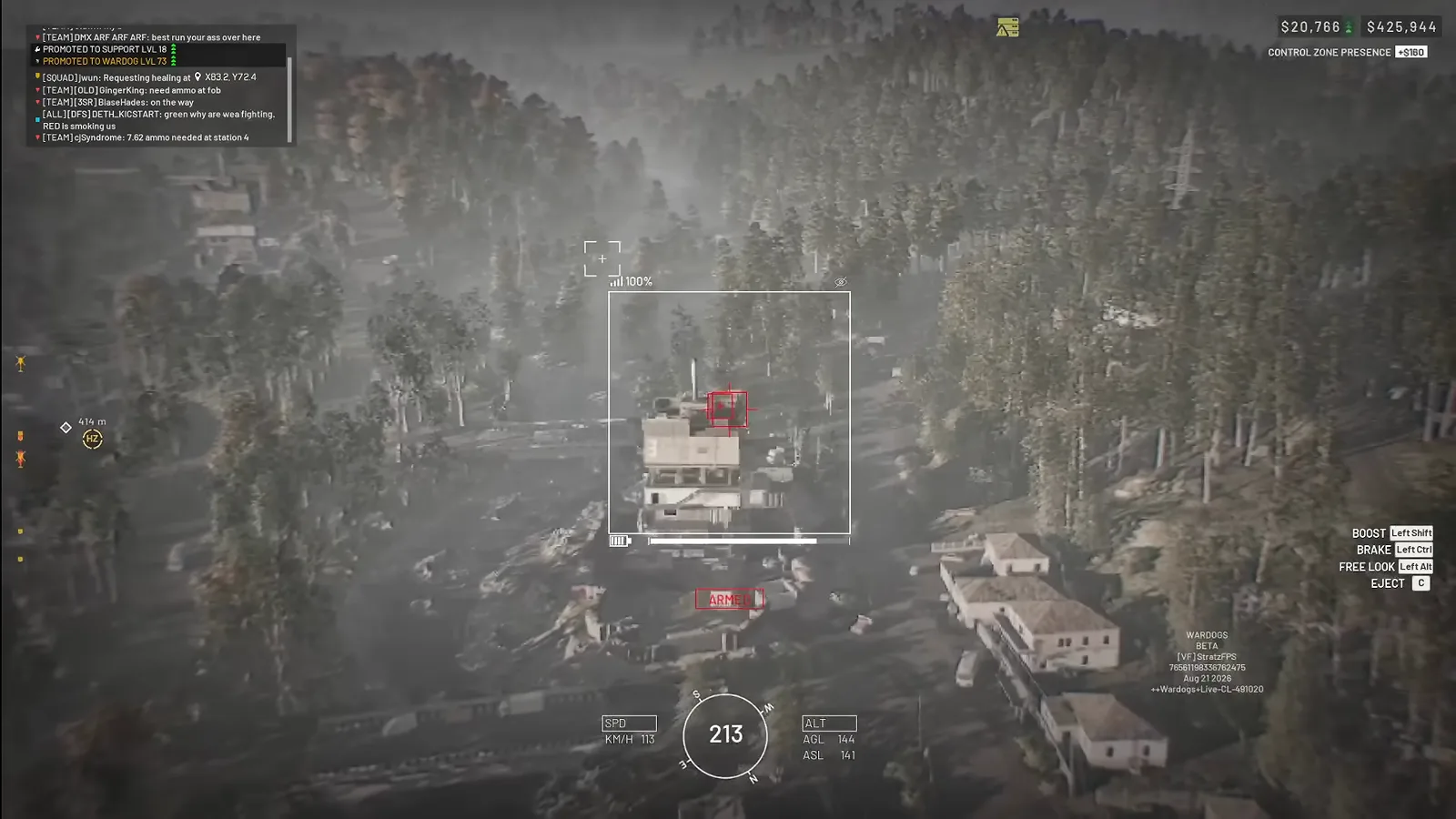 Armed WARDOGS Stingray drone holding a red target lock box on enemy armour with an AGL of 144 and an ASL of 141 on the FPV display and ARMED across the status line