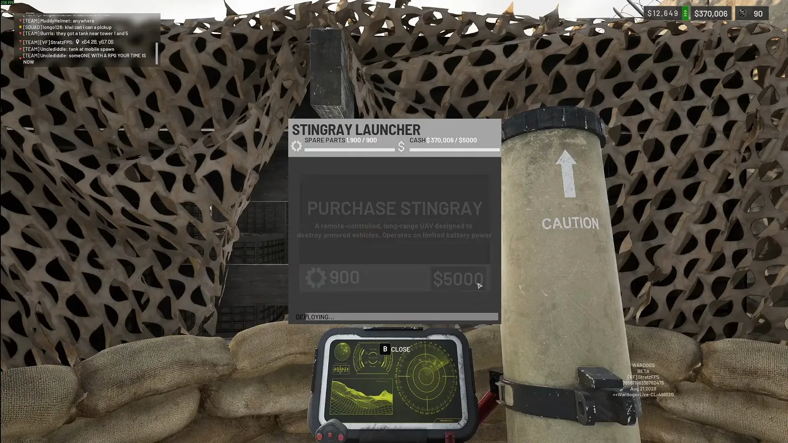 WARDOGS Stingray launcher purchase panel showing nine hundred spare parts and five thousand dollars per drone against a one thousand nine hundred spare parts stockpile with the DEPLOYING status line