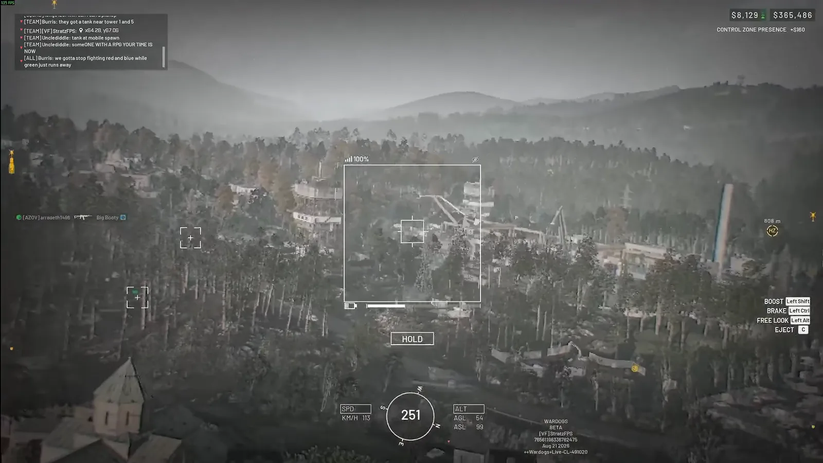 Reconnaissance view from a WARDOGS Stingray drone putting a vehicle marker on enemy armour above a treeline while a teammate pings a tank at the mobile spawn in chat