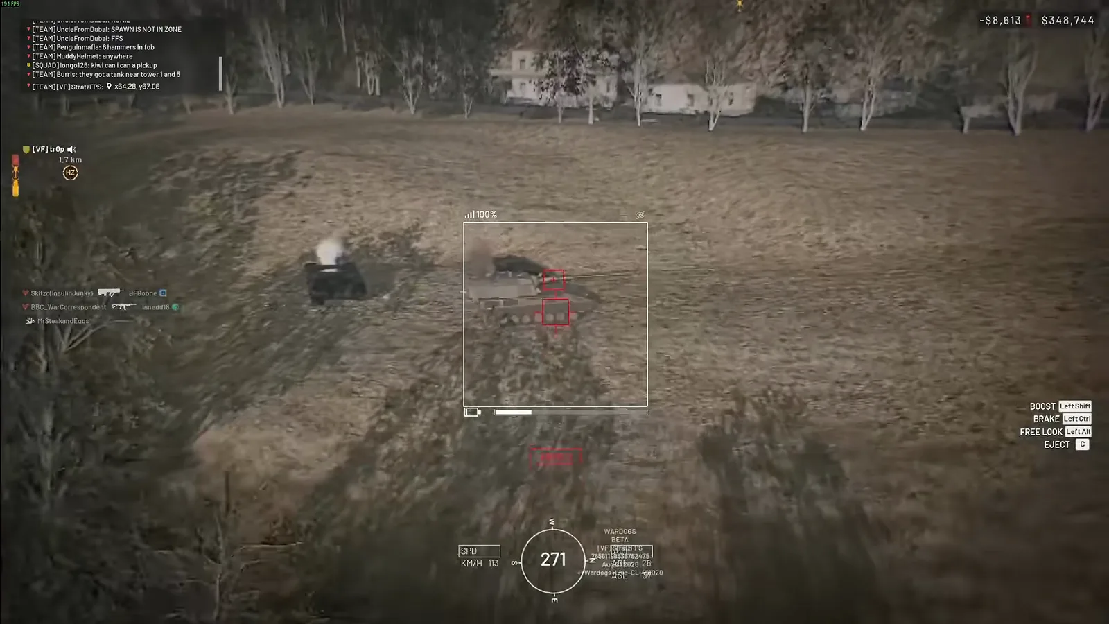 Final seconds of a WARDOGS Stingray terminal dive with two red lock boxes stacked on enemy vehicles and the first explosion already opening at the impact point