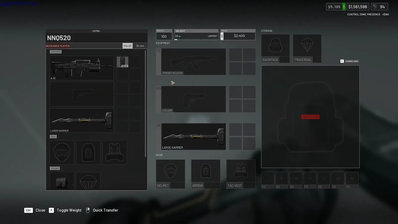 WARDOGS NN0520 loot inventory screen open on a deceased player's kit inside the empty sealed metal room with no doors from the Talon dismount bug clip, the part of the HUD that still works while no exit exists