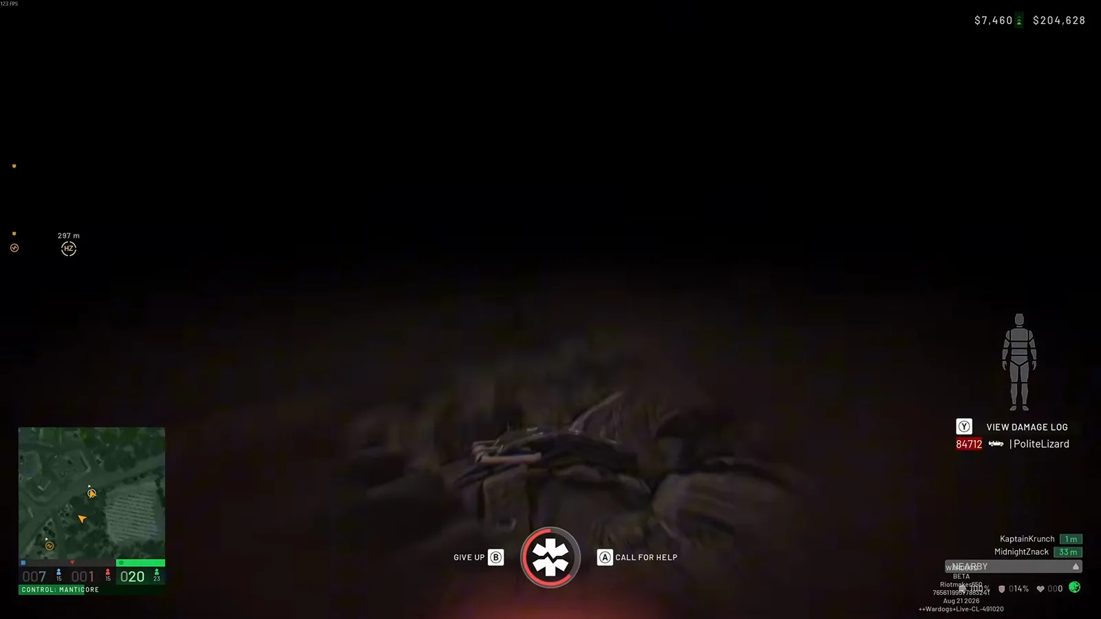 WARDOGS downed-state HUD with the GIVE UP (B) button, red bleed-out ring around the medic icon and the CALL FOR HELP (A) prompt while the player's collision-pinned body lies half inside the terrain after an 84,712-damage vehicle hit