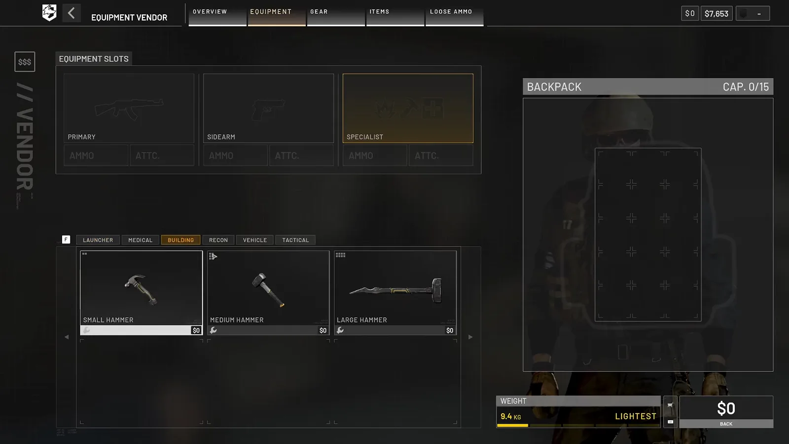 WARDOGS 装备商人的 Items 页，列出 SMALL HAMMER、LARGE HAMMER 与 SLEDGE HAMMER 三把建造工具，每一次挥锤都换支援经验