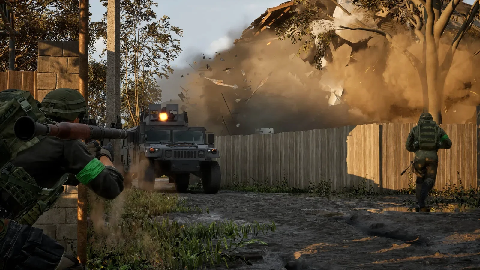 WARDOGS infantry combatants engaging at medium distance through ballistic smoke and defensive barricades